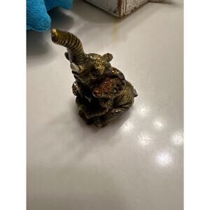 Vintage Metal Elephant Trinket Box with Green Jeweled Eyes and Amber Jewels